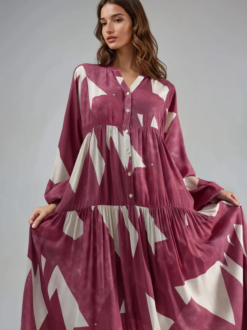 HICCUP Red Printed Long Sleeve Viscose Maxi Dress for Women | Best Price UAE